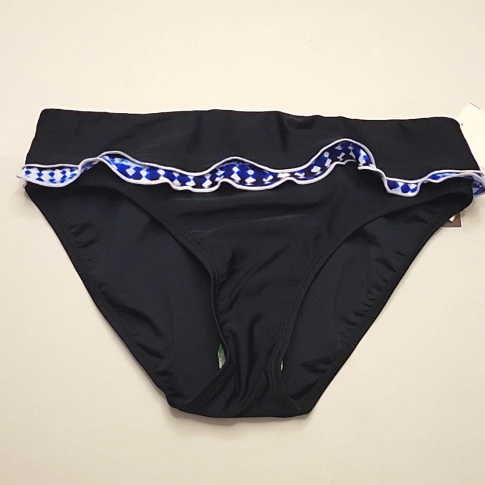 STUDIO BY CHRISTINA Ruffled Black White & Blue Swimwear Bikini Bottom, Sz 8 NWT